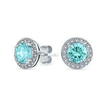 Bling Jewelry Womens Round Solitaire Halo Aqua CZ Stud Earrings.925 Sterling Silver 8MM