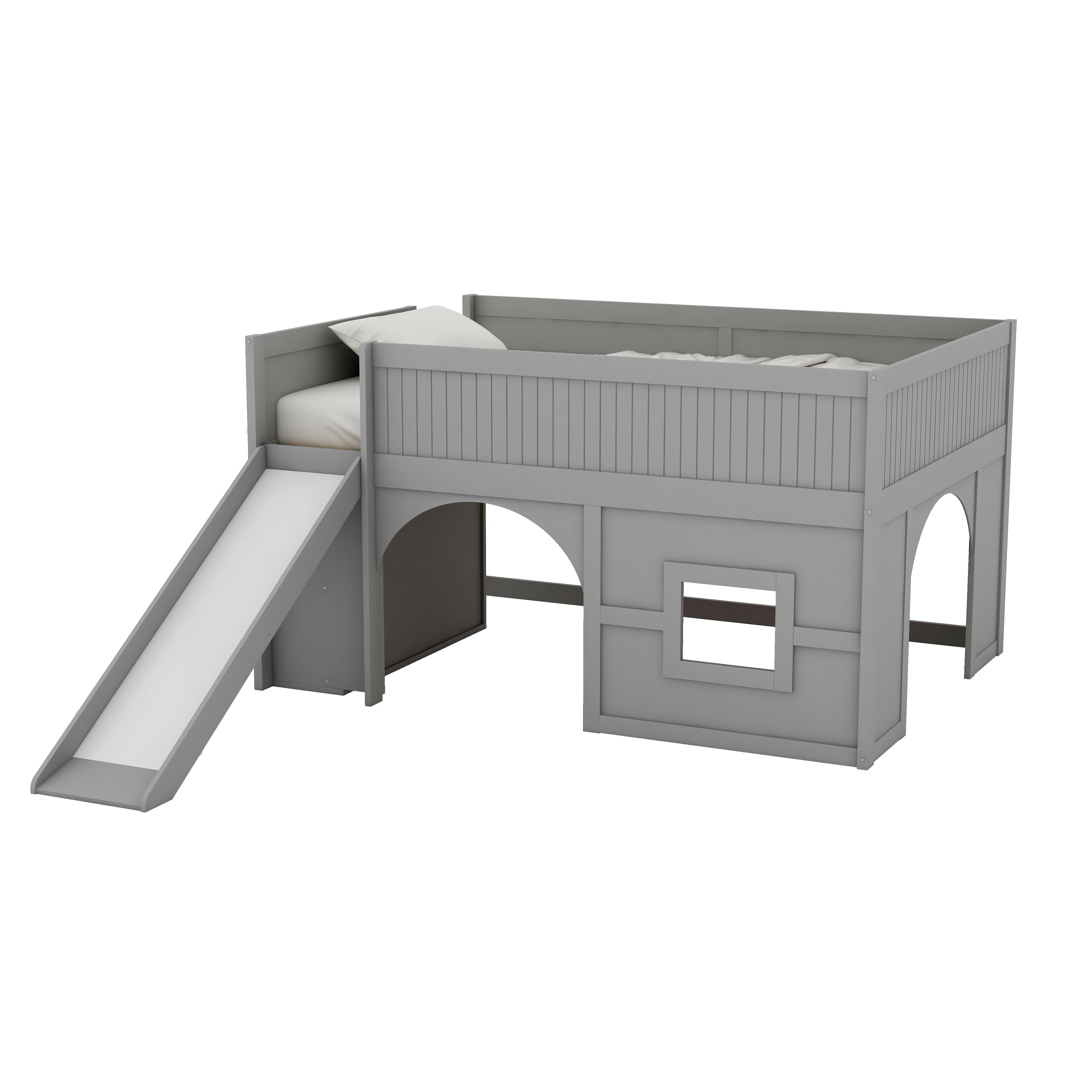 Euroco Full Size Loft Bed with Shelves and Ladder, Low Profile Wood Bed with Door and Window Design, Gray