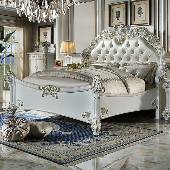 ACME Vendome Leather Upholstered Tufted Queen Bed in Antique Pearl