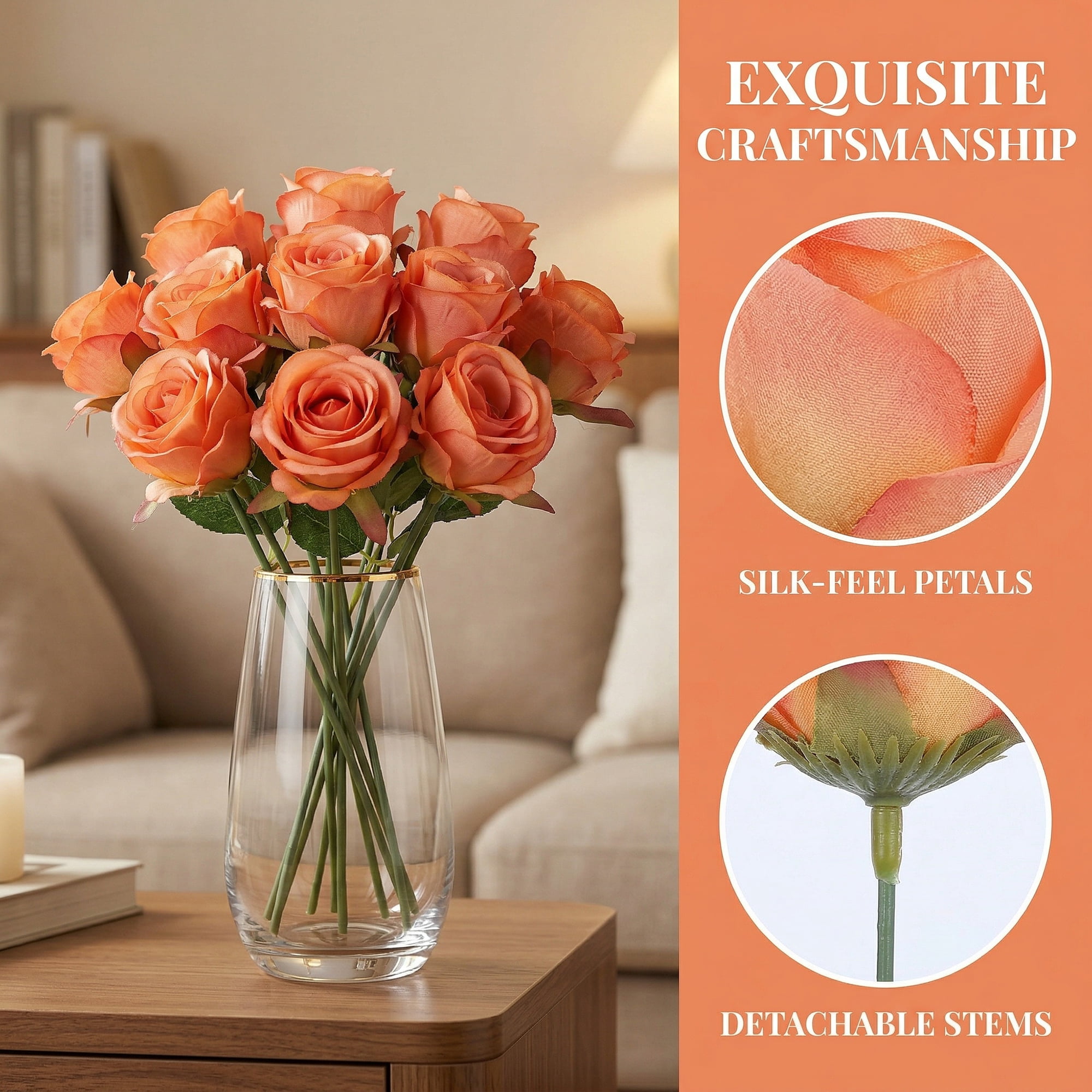 Unique Bargains 10Pcs Artificial Rose Flowers Petite Silk Bouquets Orange 8.1 in