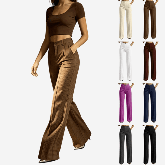 Knit Straight Leg Pants for Women, High Rise Casual Trousers with Front Button Zipper & Pockets, Business Casual Office Daily Wear | VerBelle,Black L