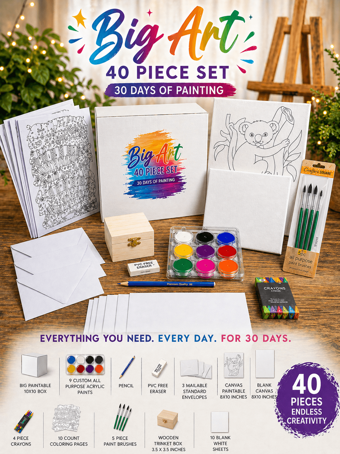 Lwbloom Big Art 40 Piece Painting Set, Acrylic Paint Kit with Canvas, Brushes and Art Supplies for Kids and Adults