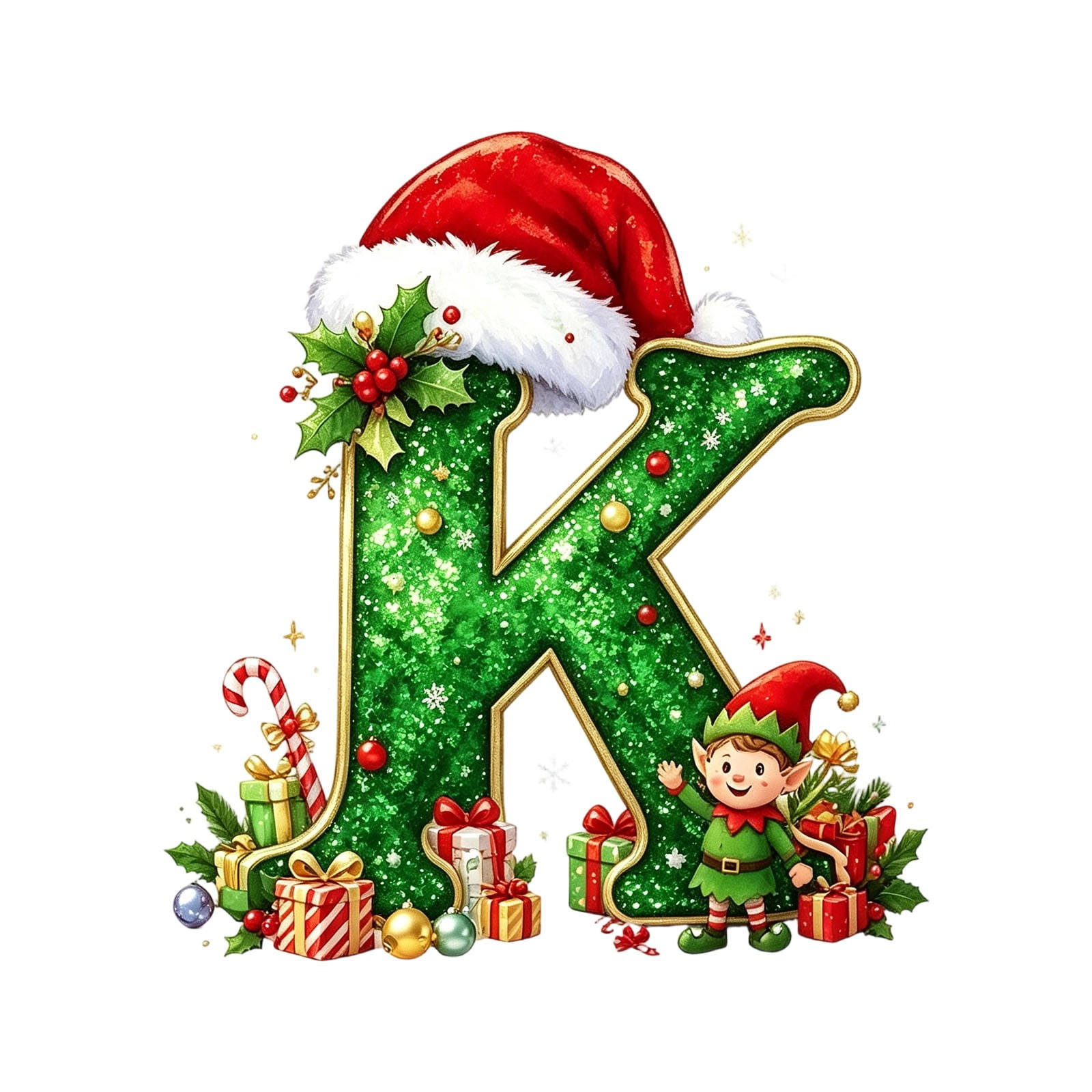 Christmas Alphabet Acrylic Ornament 2D Flat Letter Decoration Pre Drilled Hanging Hole Santa Hat and Holly Graphic Clear Sturdy Sheet Sold Separate Letter Pick and Holiday Decor
