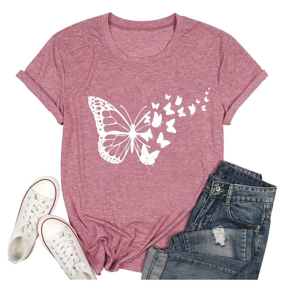 Womens T Shirts Short Sleeve Crewneck Women Butterfly Print T-Shirt Casual Breathable Summer Top Red L