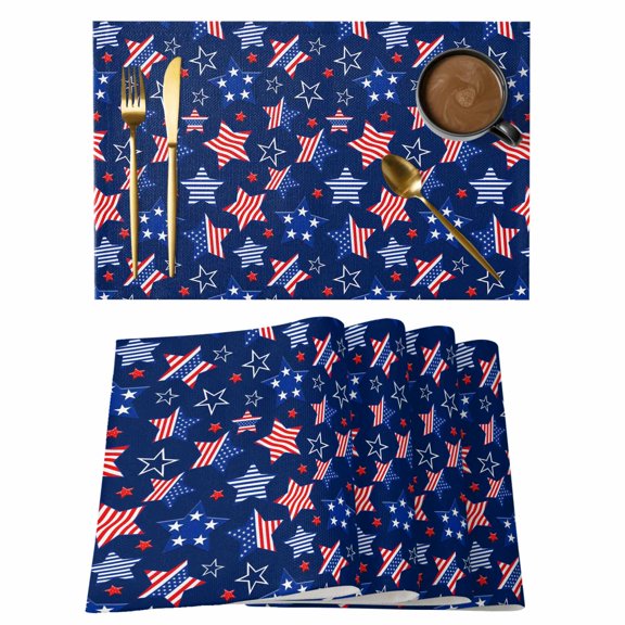 Independence Day Placemats Set of 2, 4th of July USA Flag Stars Patriotic Navy Blue Non-Slip Place Mats Washable Table Mats for Kitchen Dining Table Decorations Indoor/Outdoor