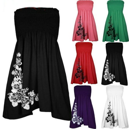 Women Fashion Tube Top Dress Off Shoulder Floral Print A-line Mini Dress Strapless Dress