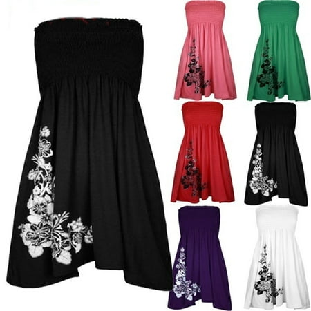 Floral Print Strapless Gown Women Fashion Tube Top Dress Off Shoulder Floral Print A-line Mini Dress Strapless Dress ()