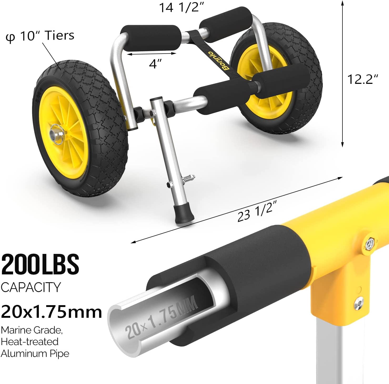 Foldable Kayak Cart, Lightweight Aluminum Alloy Frame, Universal Dolly Cart with 10'' Durable Solid Tires for Canoes, Paddle Boards, Boats, Strong 1.75" Thick Prongs