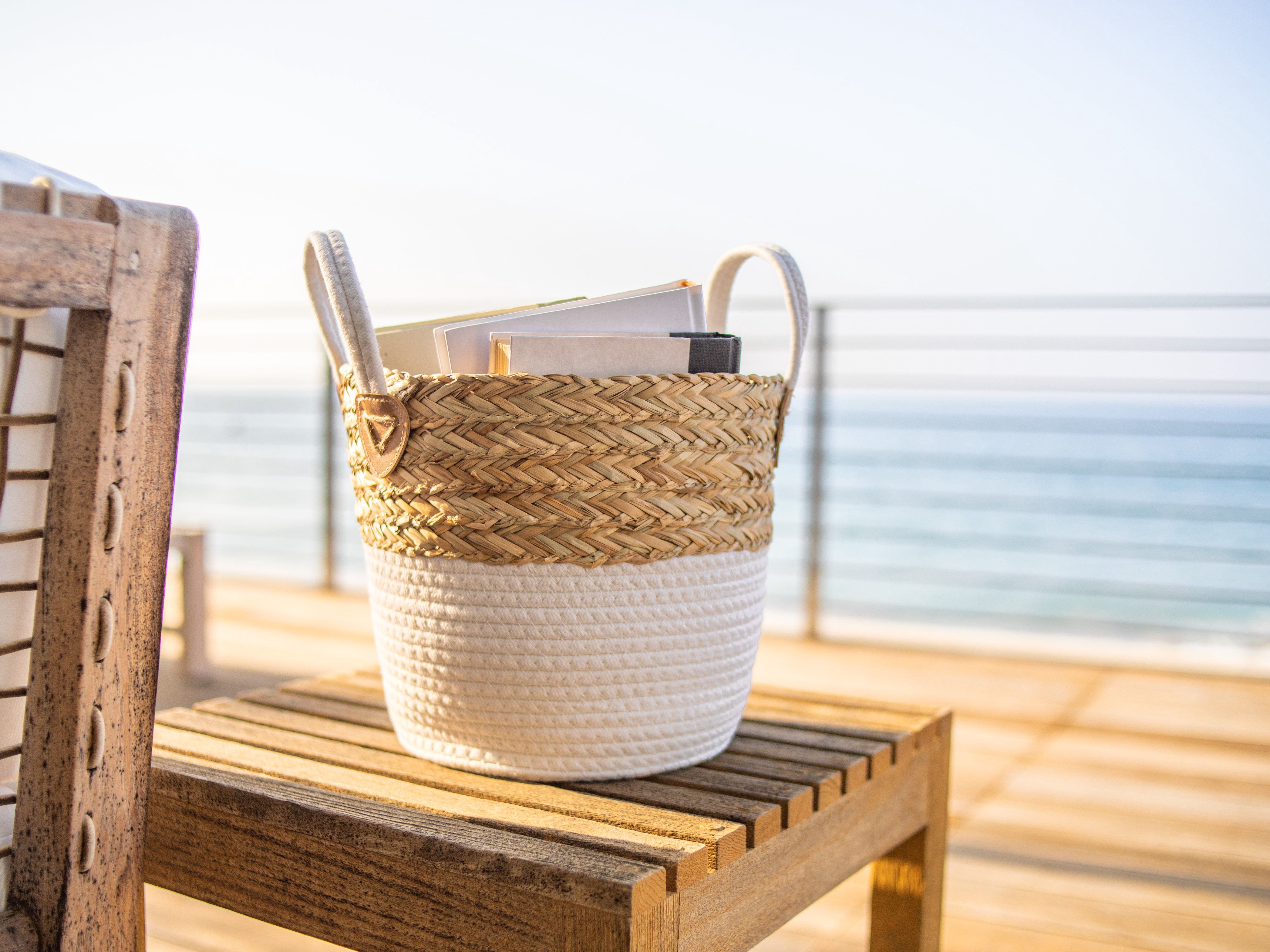 Set of 2 Round Storage Basket, Braided Seagrass & Cotton Rope (MD+SM), Natural & White
