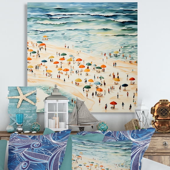 Designart "Parade of Umbrellas on Beach Day III" Beach Wall Art - Coastal Blue Beach People Entryway Wall Art Print