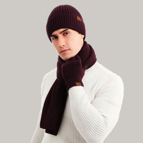 Traje cálido de otoño e invierno de Europa y Estados Unidos, gorro grueso de color mixto, bufanda y guantes, tres