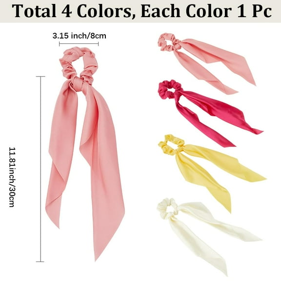 1 set 4Pcs 4 Colors Satin Face Cloth Elastic Hair Accessories for Women Scrunchie Scrunchy Hair Ties with Long Tail Knotted Bow Hair Scarf Ponytail Holder Mixed Color 280mm