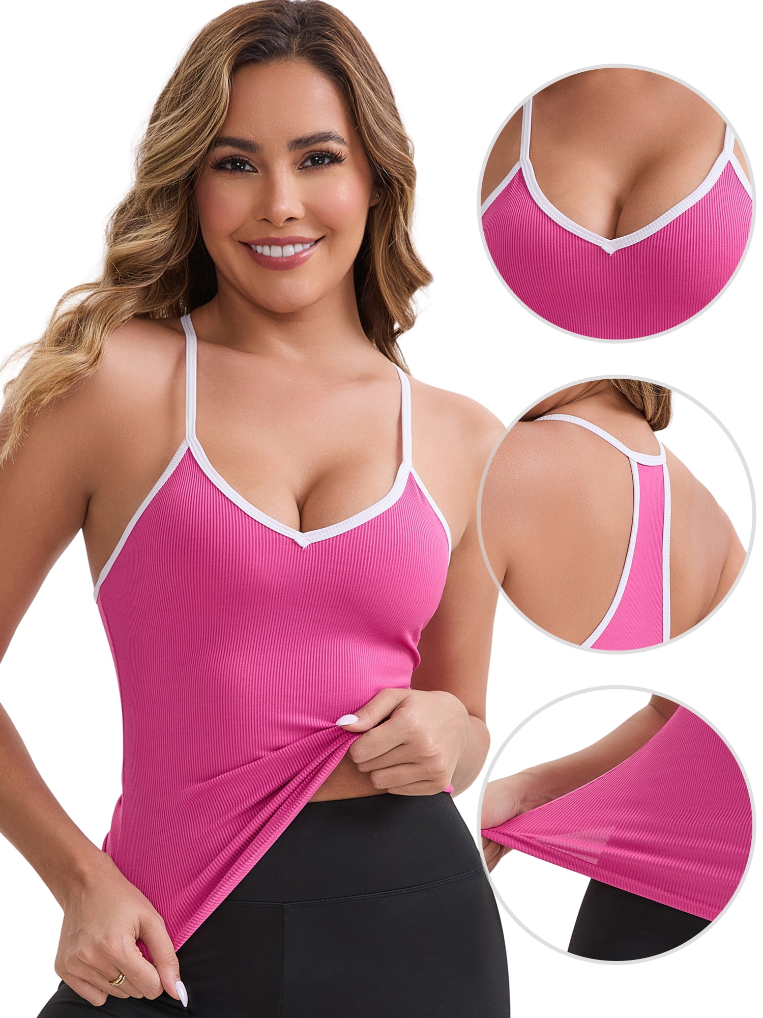 DARING DIVA Women's Colorblock Ice Silk Spaghetti Straps V Neck Tank Top S Rose Red