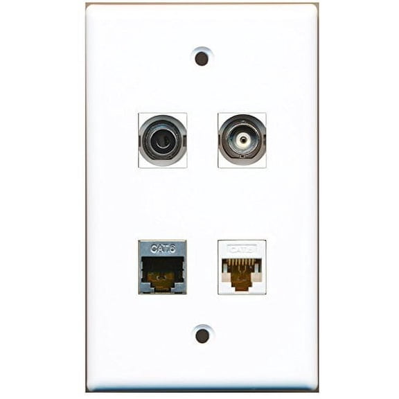 RiteAV - 1 Port Shielded Cat6 Ethernet 1 Port 3.5mm 1 Port BNC 1 Port Cat6 Ethernet White Wall Plate