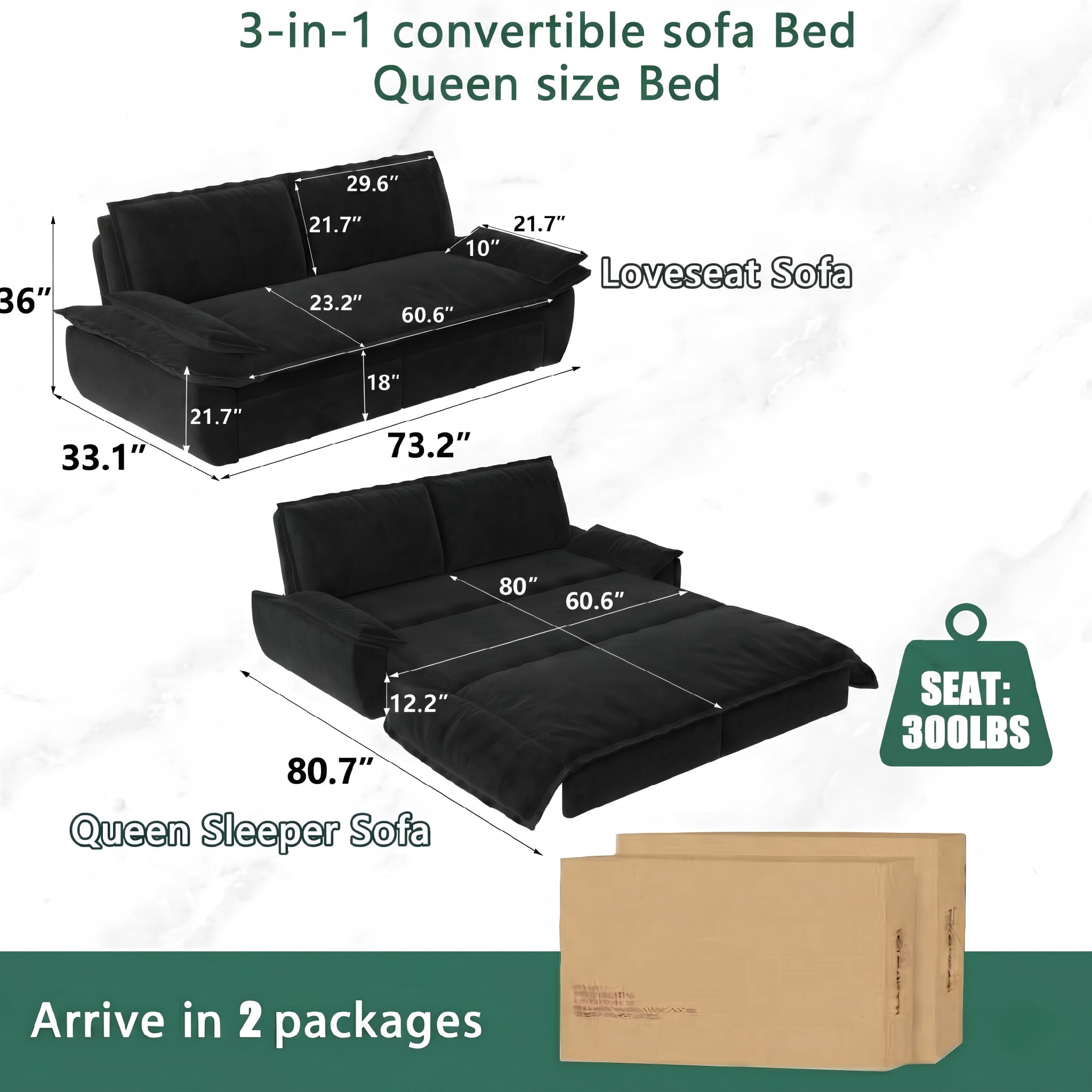 Multi-Functional Velvet 3-in-1 Convertible Sofa Bed, Queen Size Sleeper Loveseat with 2 Pillows, Black