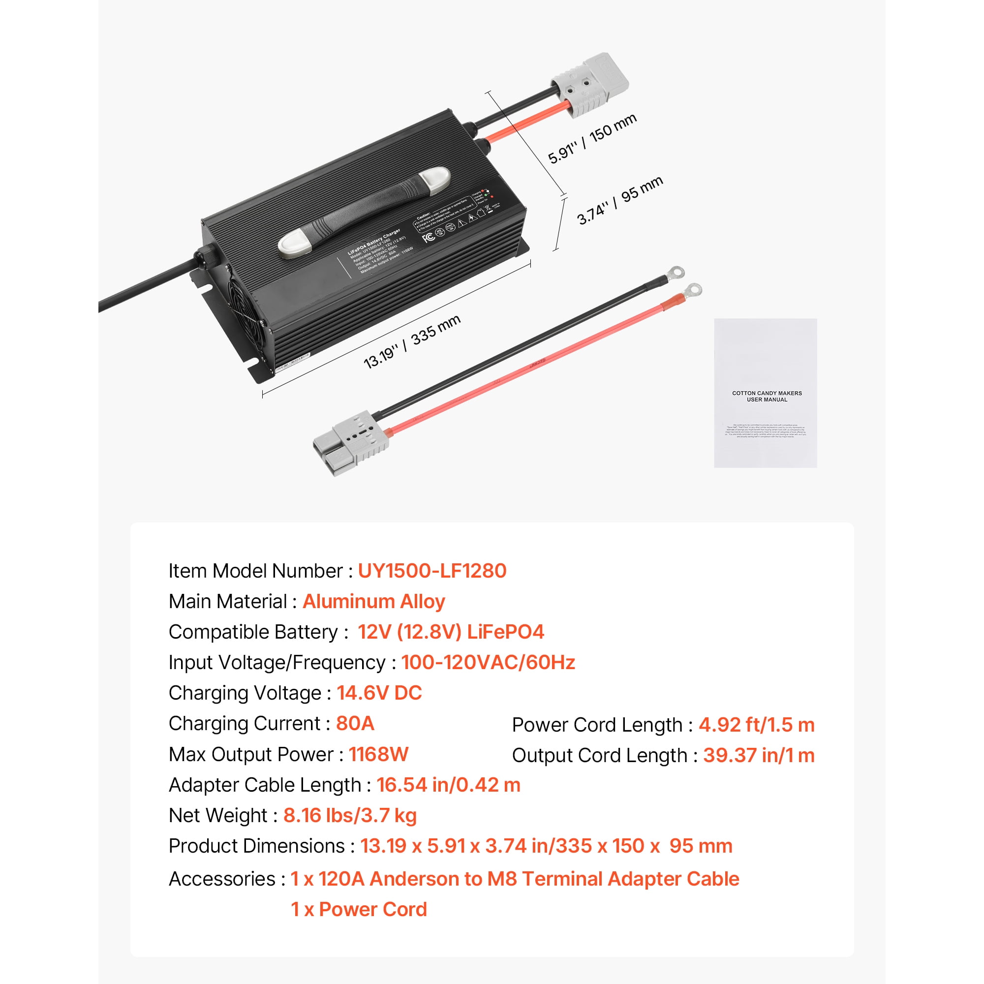 KFFKFF 12V 80A Lithium Battery Charger, 14.6V AC-DC LiFePO4 Smart Charger with Anderson Connector, LED Display, 0V Activation, Compatible with Lithium LiFePO4 Deep Cycle Batteries for Boats and RVs