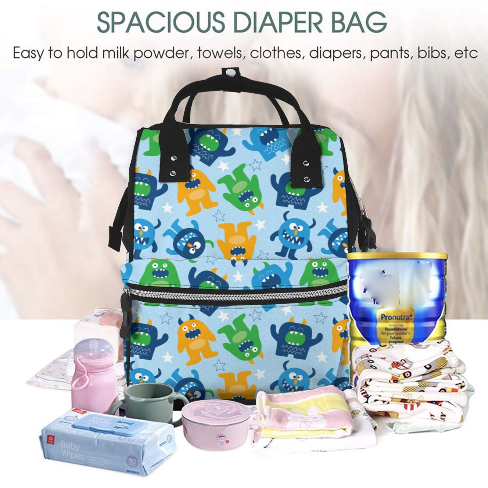 Ratiio Cartoon Monster Mummy Backpack - Waterproof Twill Canvas, Large Capacity Diaper Bag with Multiple Pockets and Adjustable Straps