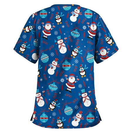 

CZHJS Women s Clinic Carer Shirt with Pockets Tunic V-Neck Relaxed-Fit Floral and Snowman Printed Christmas Graphic Tops Blue Tees Clothes Working Uniform Nursing Workwear Scrubs Top Short Sleeve