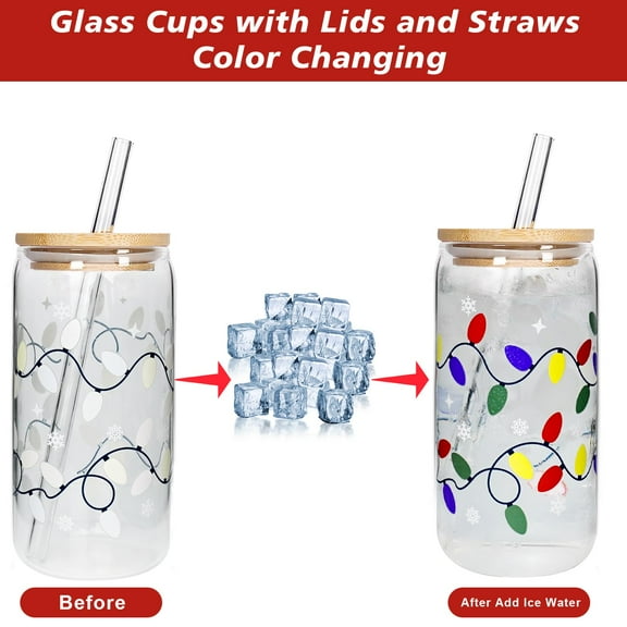 Christmas Color Changing Glass Cup, 18oz Glass Coffee Cup with Lid, Christmas Lights Iced Glasses Cups, Straw & Color Changing Feature with Bamboo Lids and Straws, Cute Mug Tumbler (1PC)