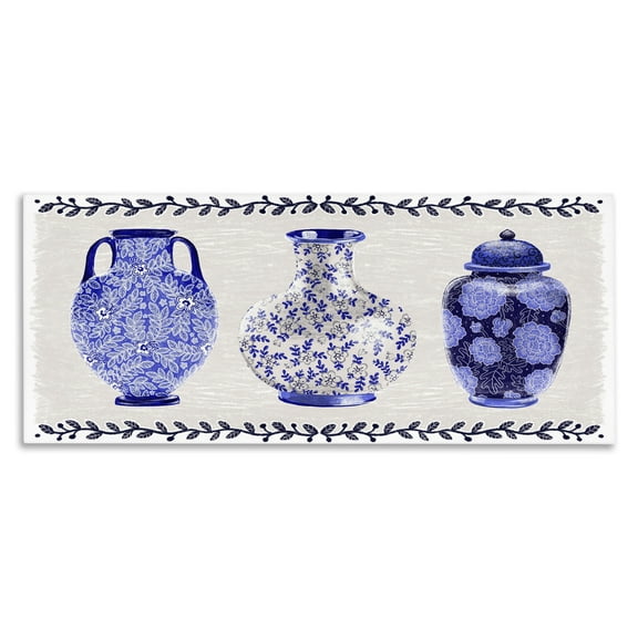 Stupell Industries Traditional Blue Vases Plants & Flowers Painting Wrapped Canvas Art Print Wall Art, 24 x 10