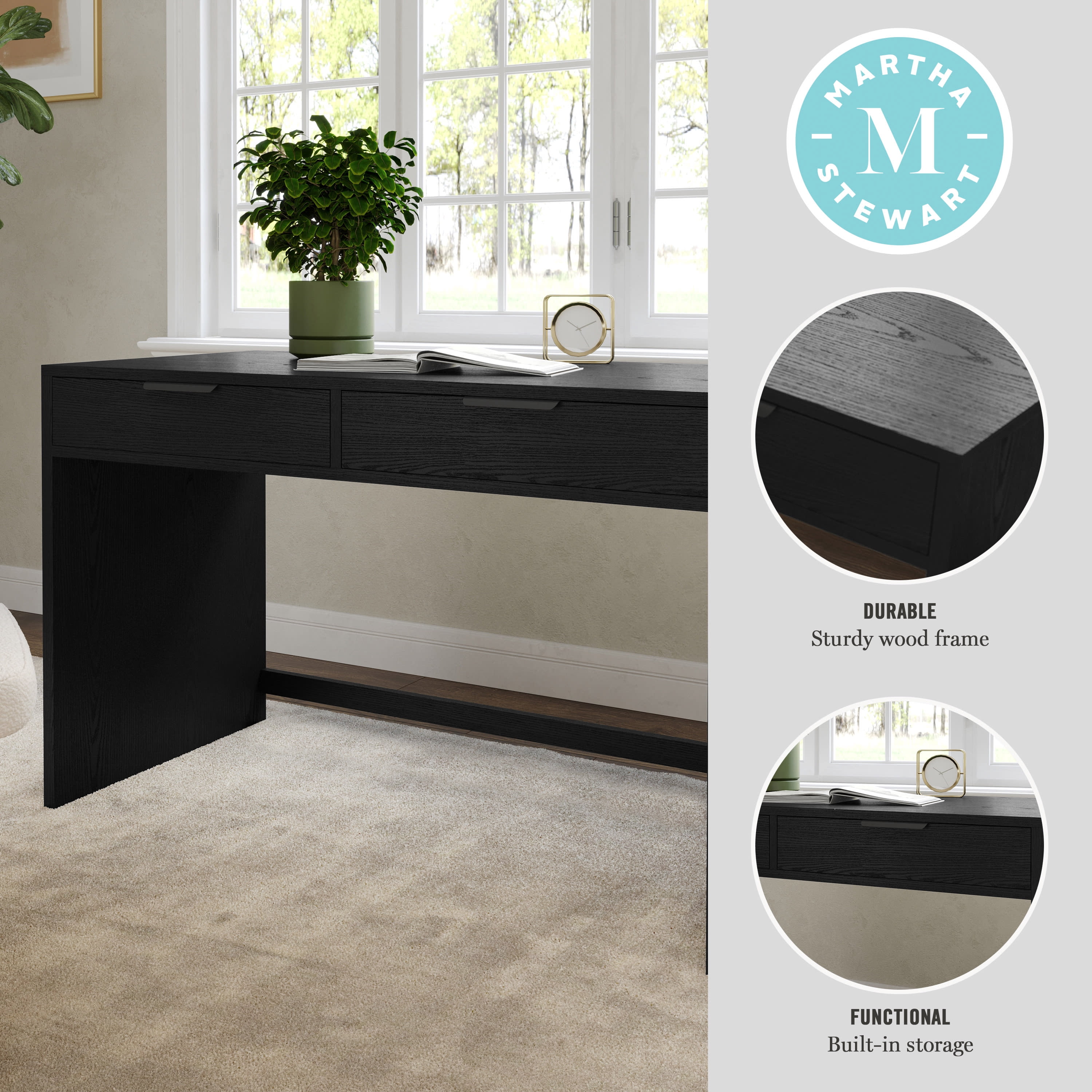 Martha Stewart Home Office Modular 2 Drawer Desk in Black with Oil Rubbed Bronze Hardware