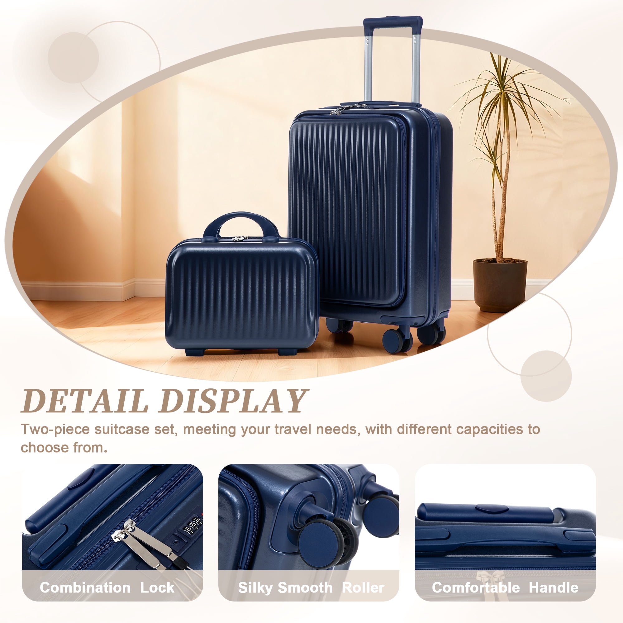 Alvantor 2 Piece Spinner Luggage Set, ABS Hardshell Front Opening Suitcase Set with Combination Lock and Cosmetic Case,14"/20" Navy