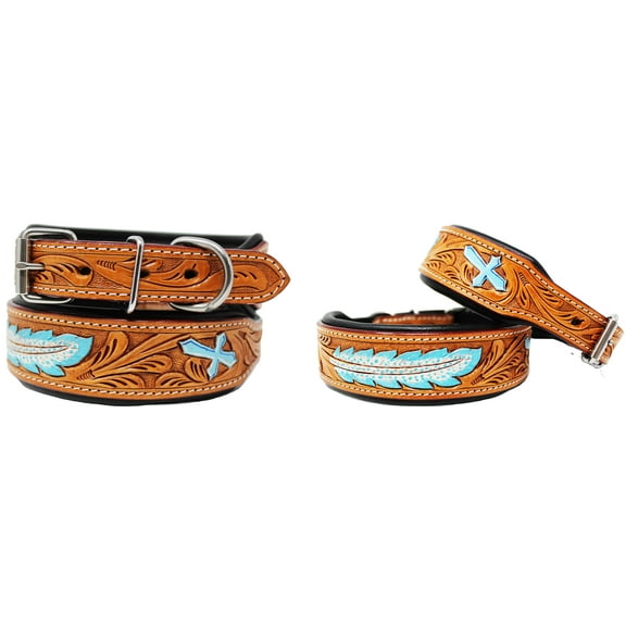 Small 13''- 17'' Tooled Leather Turquoise Cross Feather Dog Puppy Collar 6056