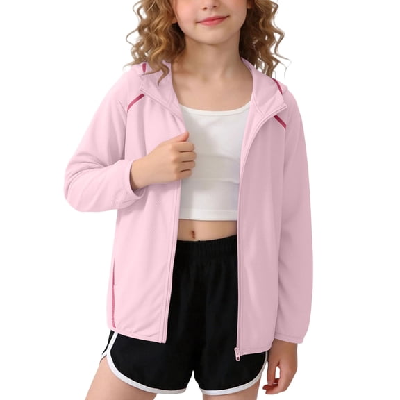 Cethrio Girls Sun Protection Jackets Size 6, Long Sleeve Summer Zip up Lightweight Kids Rash Guard Outerwear with Hood Pink Size 6