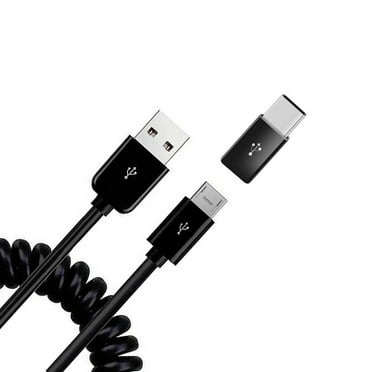 Charger Cord Coiled USB Cable for Galaxy S22/Ultra/Plus - Micro-USB to USB-C Adapter Power Wire Sync Black Compatible With Samsung Galaxy S22/Ultra/Plus