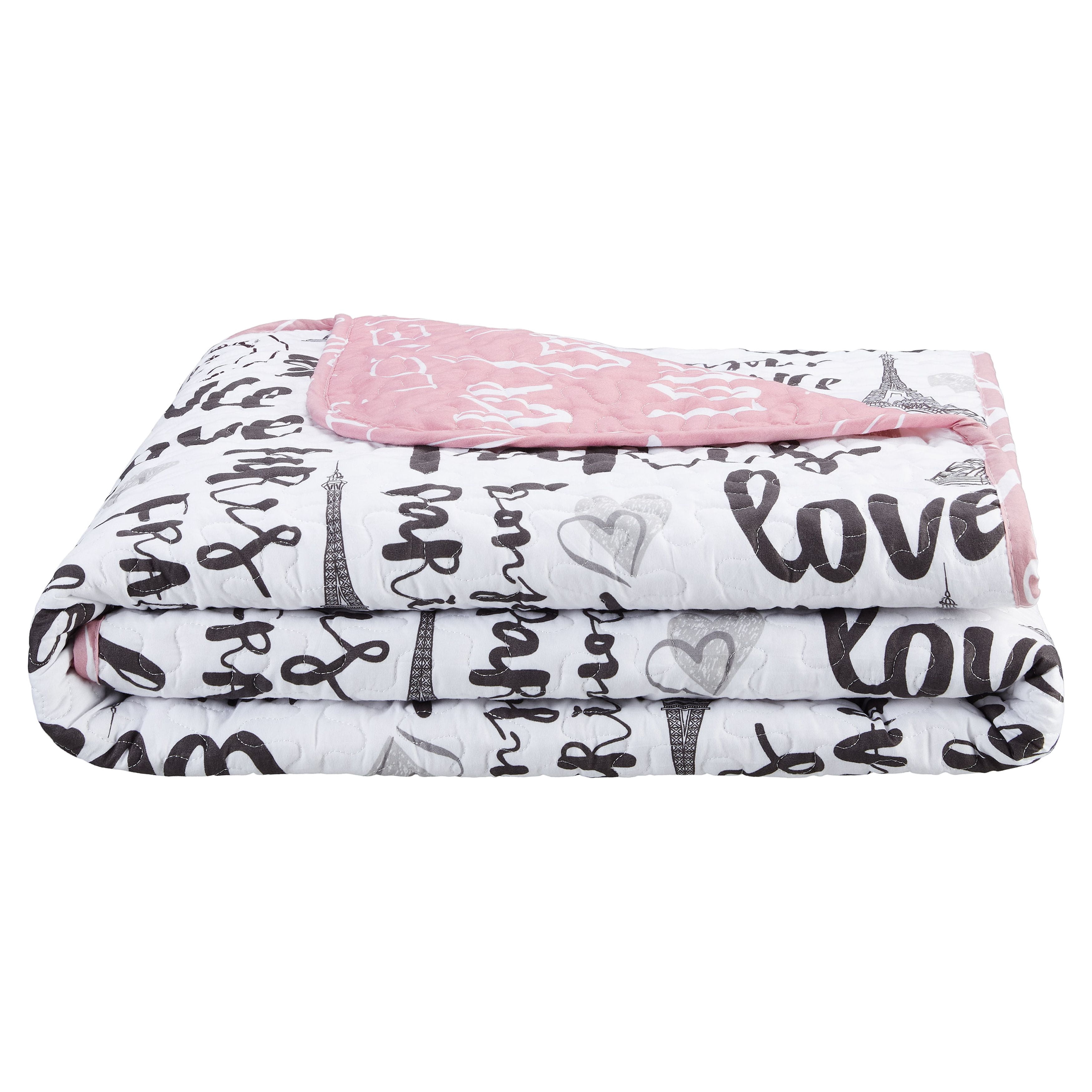 Bedding 4-piece Reversible Quilt Set, Pink/White/Black, Twin, Bonjour by Quaint Home