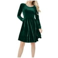 thumbnail image 6 of Women's High Waisted Velvet Dress Casual Long Sleeve Crew Neck Dress A-Line Flowy Dress With Pockets, 6 of 7