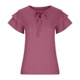thumbnail image 7 of Summer Saving Wycnly Cute Tops for Women Short Sleeve V-Neck Plain T shirts Summer Casual Solid Ruffle Sleeve Loose Fit Blouse with Tie Wine XXL Clearance Clothes, 7 of 7