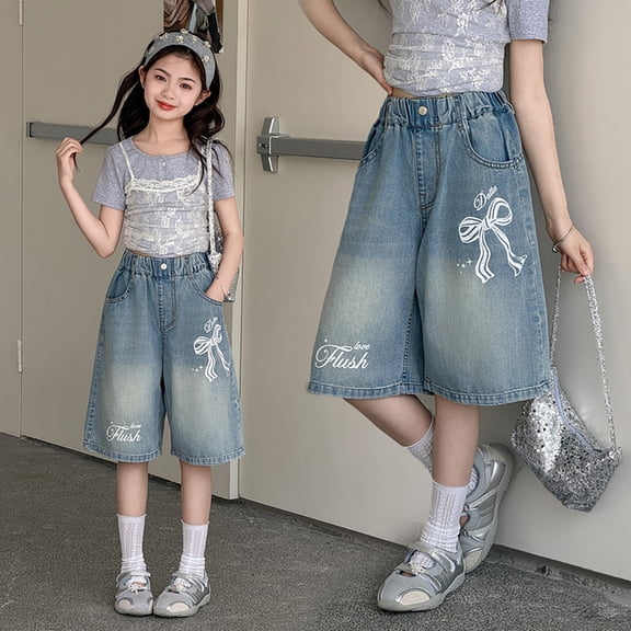 Shorts for Girls Girls Denim Shorts Summer Casual Mid Length Lightweight Breathable Soft Blue 5-6 Years