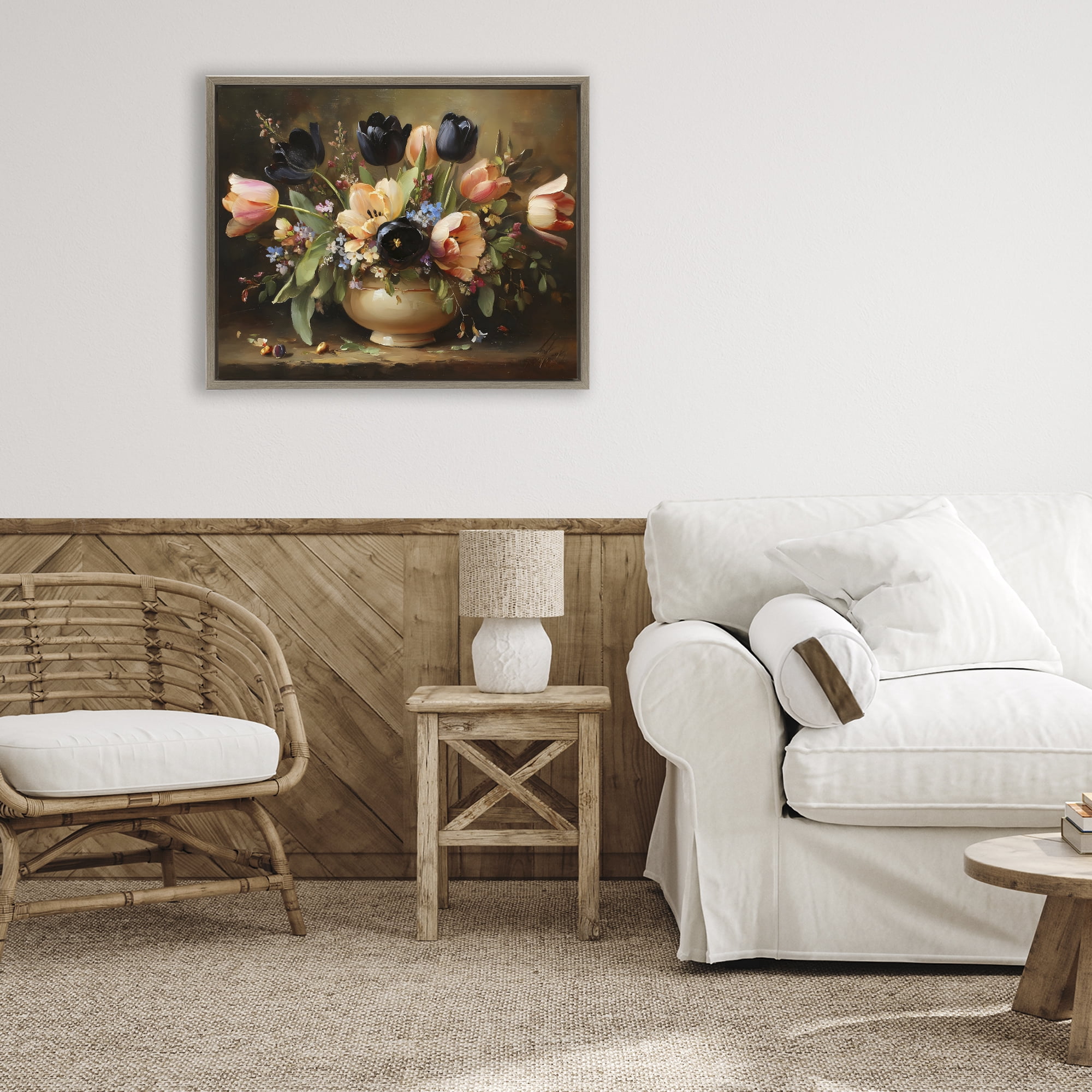 Stupell Industries Black Tulips & Peach Bouquet Brown Framed Floater Canvas Wall Art, design by Franklyn Gregory