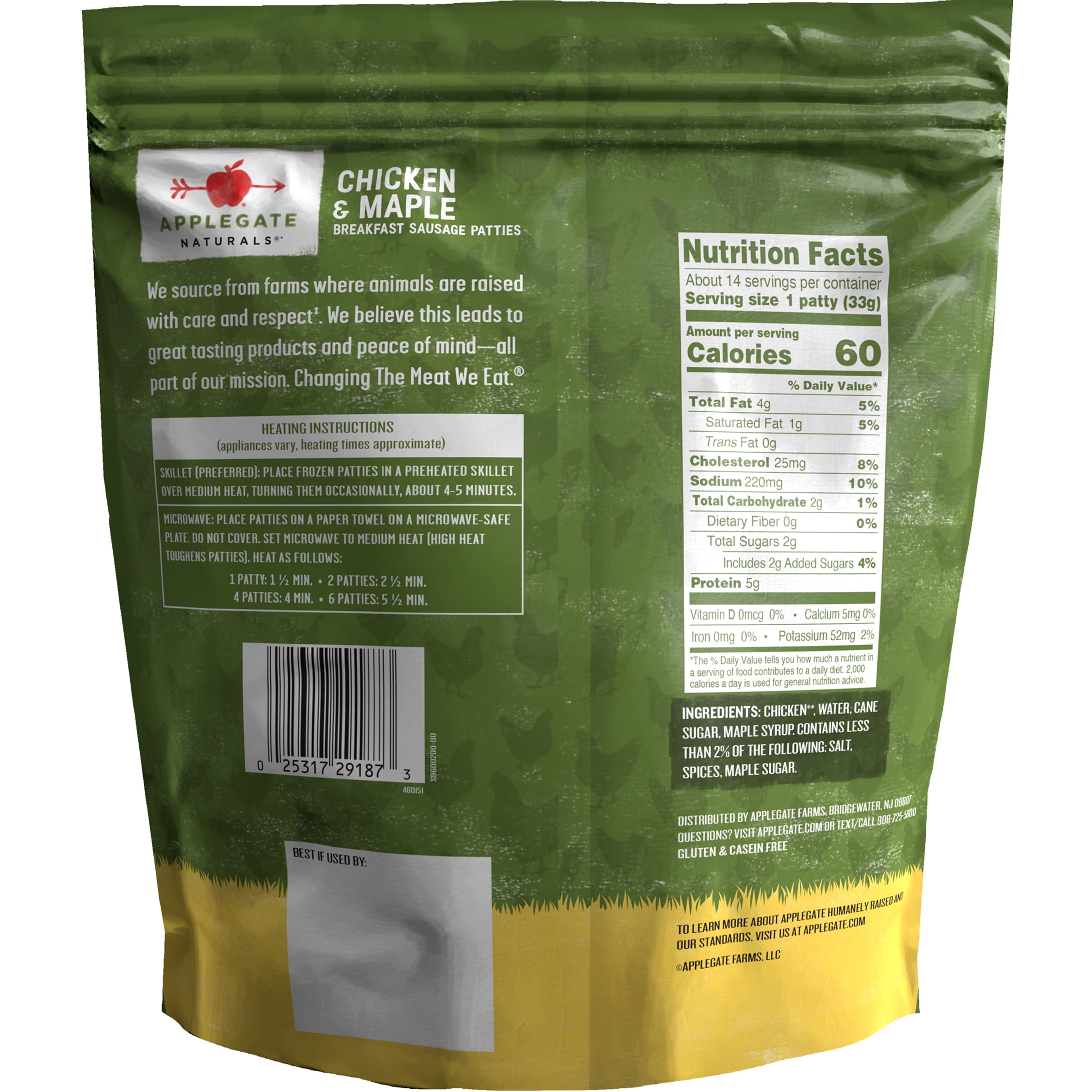 Applegate Natural Chicken & Maple Breakfast Sausage Patties, 16 oz, GF, Resealable Bag (Frozen), About 15 Pieces per Bag