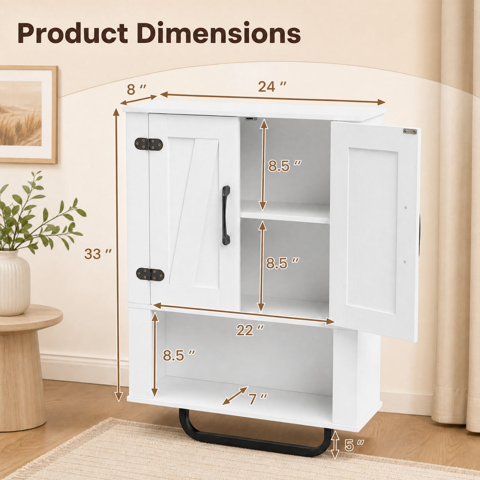 Vebreda Bathroom Wall Cabinet with 2 Sliding Barn Doors & Towel Bar, 3-Tier Farmhouse Wall-Mounted Storage Organizer with Open Shelves, White