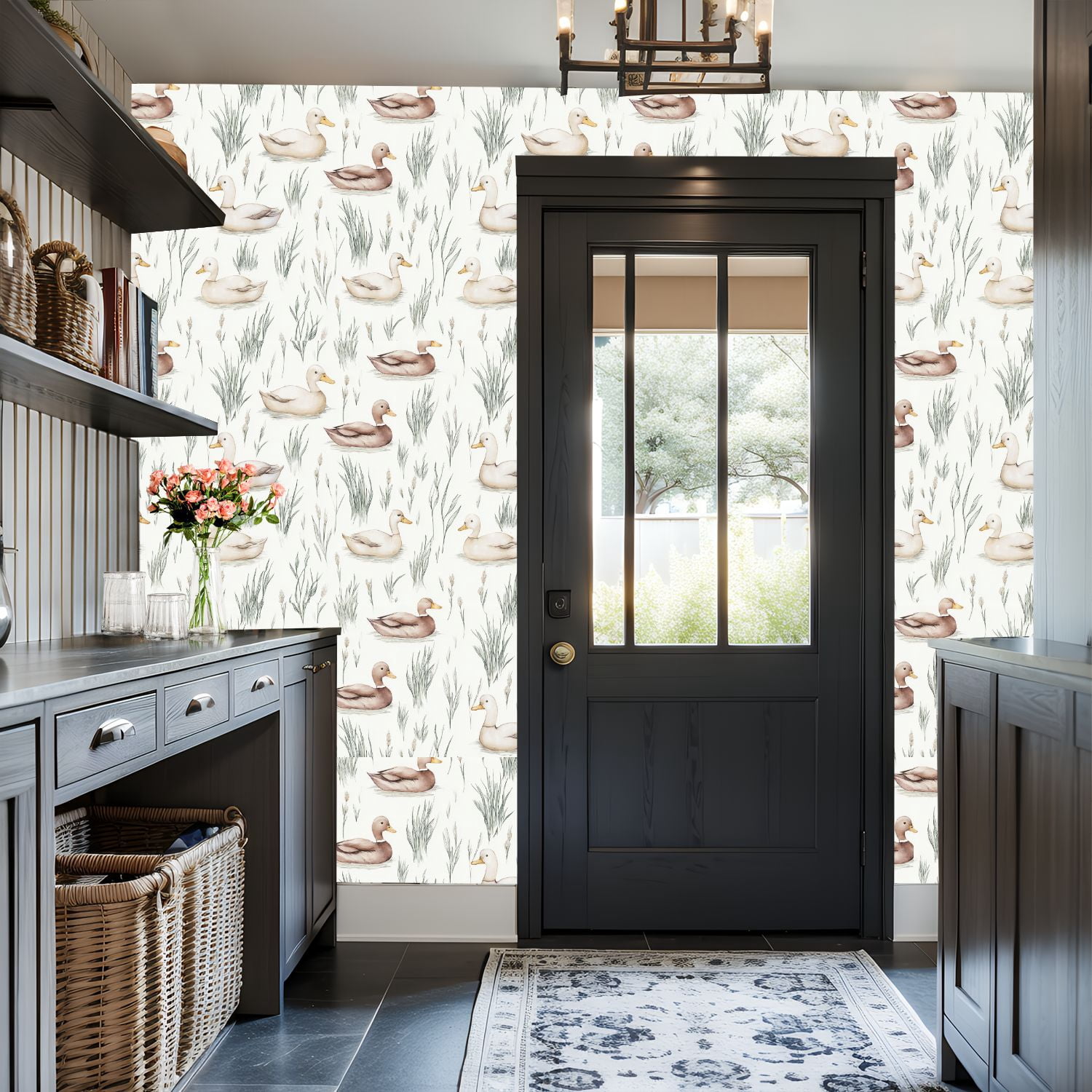 Peel and Stick Wallpaper Watercolor Ducks Seamless Reeds Soft Neutral Wall Mural 17.7in x 9.8ft Self Adhesive Removable Wall Paper Renter Friendly Wallpaper for Nursery Bedroom Cabinets