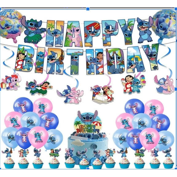 Stitch Birthday Party Decorations Banner , Hanging Swirls, Cake Topper, Cupcake Toppers, Latex Balloons for Fall Baby Shower Birthday Party Supplies