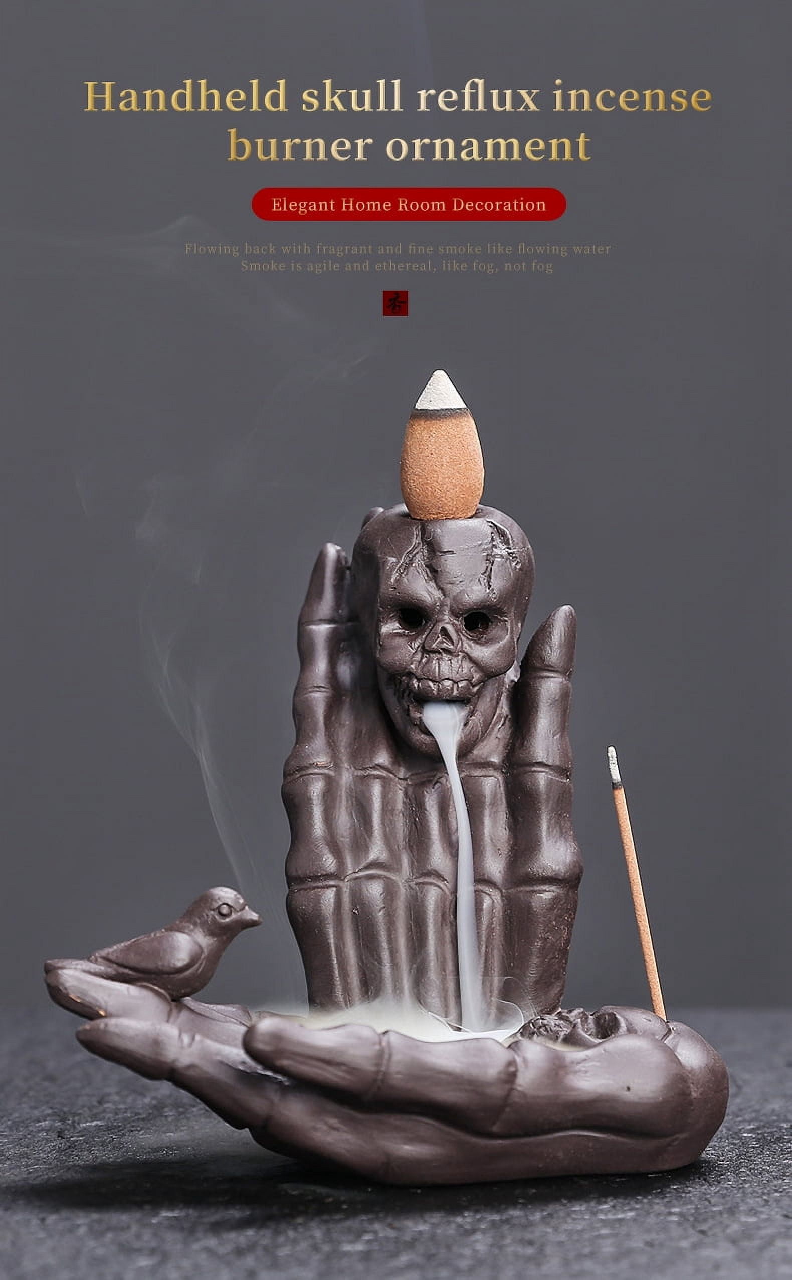 Ceramic Skull Head Incense Burner Ornament Ghost Hand Waterfall Backflow Incense Stick Holder Aromatherapy Halloween Decoration
