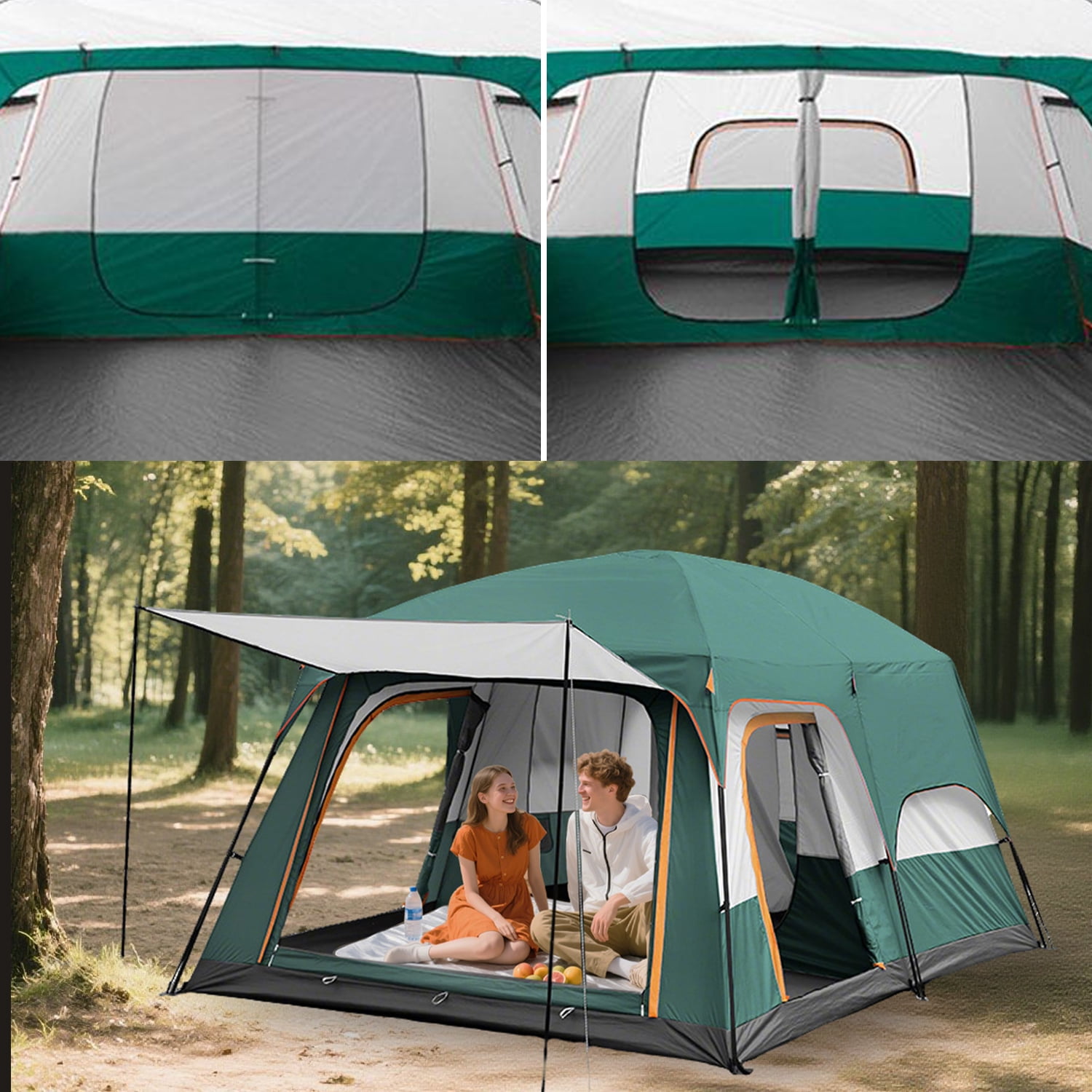 KFeng 12 Person Tents for Camping - 2Rooms 3Doors&3Windows Mesh,Suitable for Outdoor/Picnic,Green