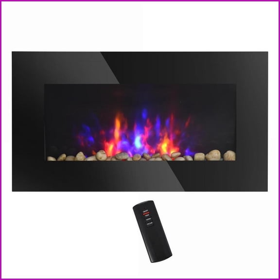 Electric Wall-Mounted Fireplace, 28.5" 1500W with Flame Effect & 7 Color LED | Black | Tempered Glass