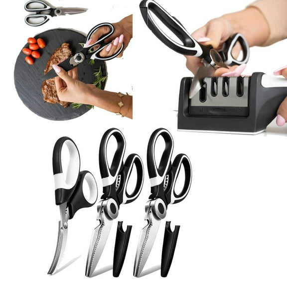 Heavy Duty Kitchen Shears with Knife and Scissor Sharpener Tool - Multipurpose Stainless Steel Scissors for Food - Sharp Food-Grade Kitchen Scissor for Meat, Seafood, Poultry - 4 Piece Set