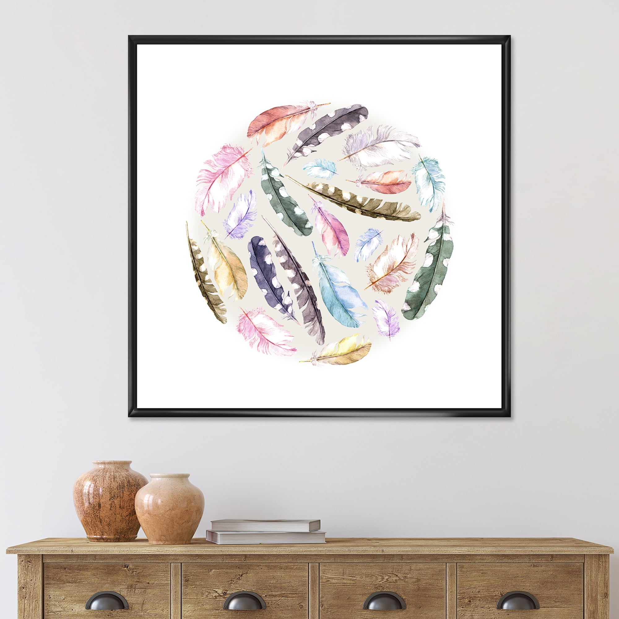 Designart 'Ancient Bird Feathers In Circle' Traditional Framed Canvas Wall Art Print