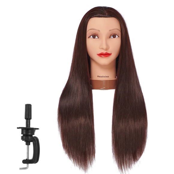 Cabeza de maniquí Headwinn con pelo de 26 a 28 pulgadas, fibra sintética, cabeza de entrenamiento, maniquí, cosmetología, cabeza de muñeca para pelucas, soporte de abrazadera gratuito (marrón)