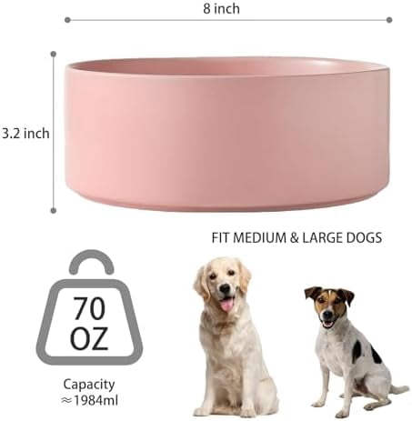 8'' Ceramic Dog Bowl - 70Oz Classic Dogs Food & Water Bowl for Medium and Large Breeds, Heavy-Duty Non-Slip Dog Dish, Food Grade Stoneware Pet Bowl, Dishwasher & Microwave Safe, Pink