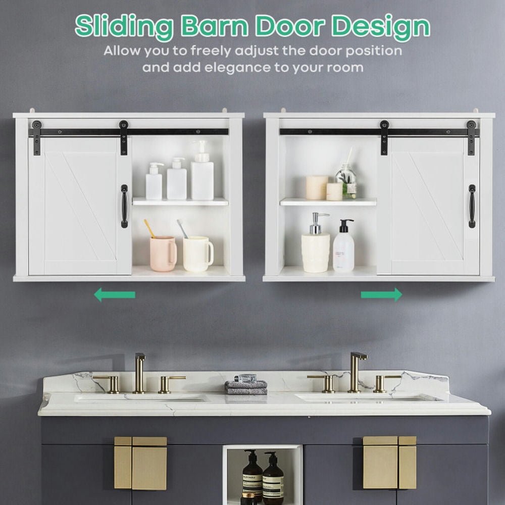 Finihen Wall Cabinet, Wall Mounted Bathroom Cabinet, Medicine Cabinet, Bathroom Wall-Mounted Medicine Cabinet Organizer with Sliding Barn Door, for Bathroom, White