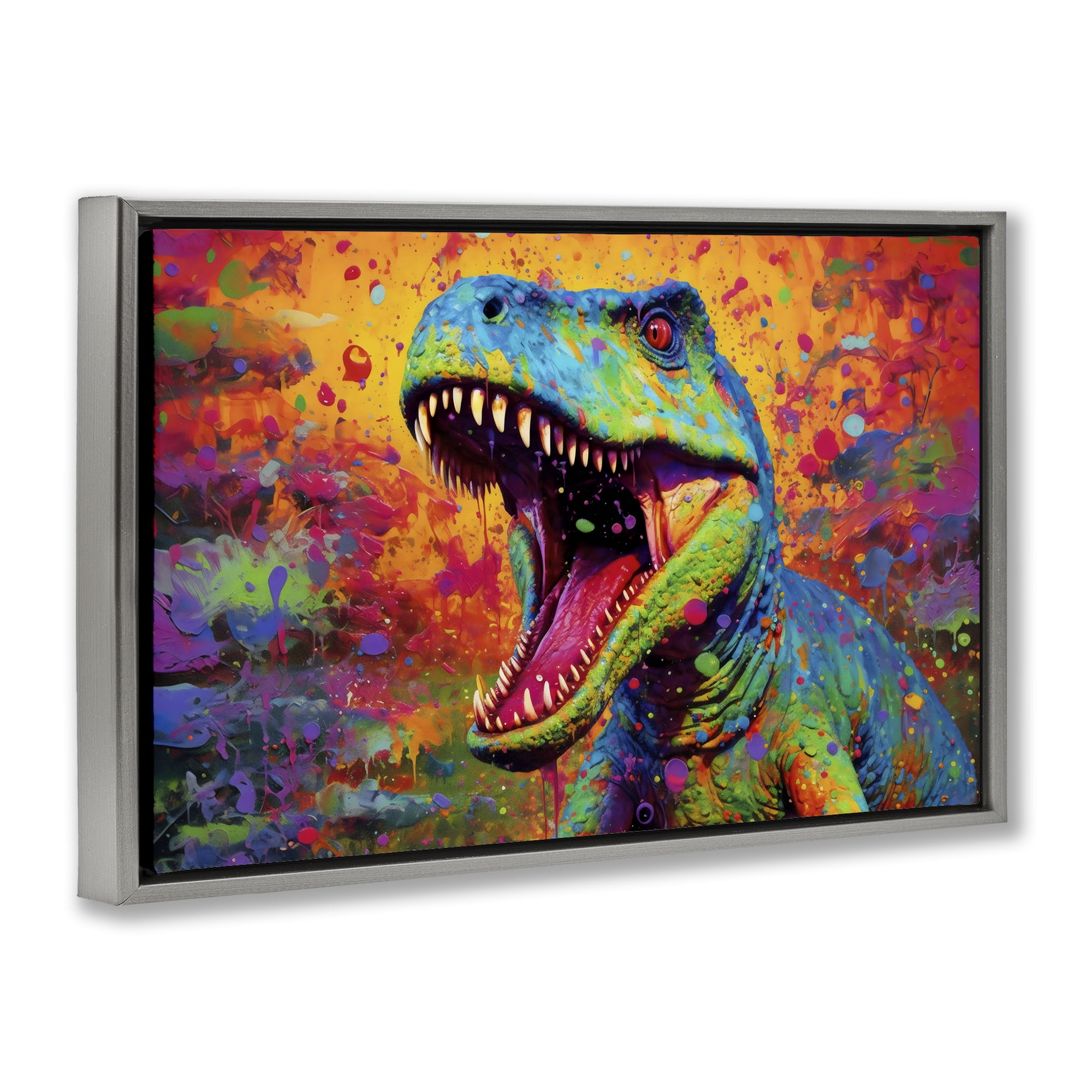 Stupell Industries Colorful T-Rex with Splatter Gray Framed Floater Canvas Wall Art, design by Creative Studio