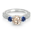 thumbnail image 2 of Gem Stone King 925 Sterling Silver Peach Morganite Blue Created Sapphire and White Moissanite Engagement Ring for Women (1.73 Cttw, Gemstone October Birthstone, Round 7MM and 4MM, Size 6), 2 of 3
