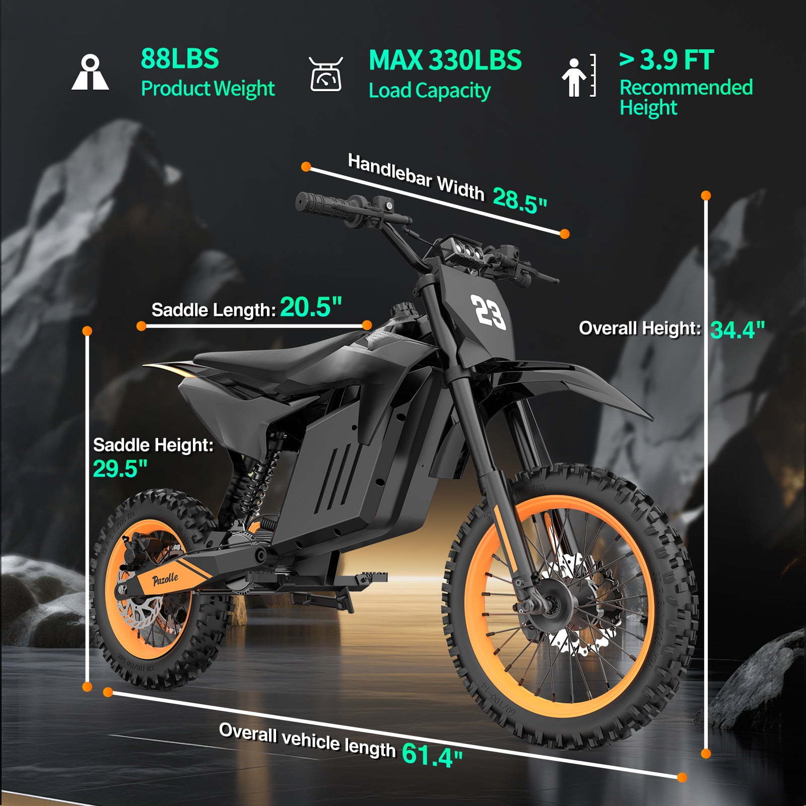 Bopzin 3000W Electric Dirt Bike for Teens,48V 30AH Removable Battery,up to 37MPH & 60Miles,14"/12" Knobby Tires Mountain Bike UL2849