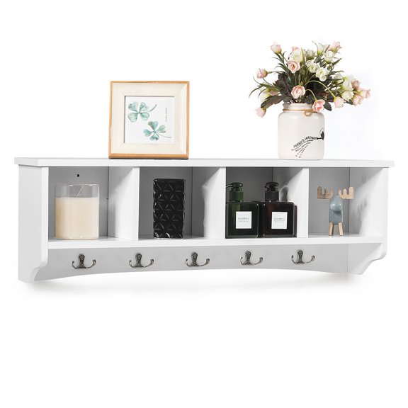 Costway Hanging Entryway Shelf Coat Rack Wall Mounted Storage Cabinets W/5 Dual Hooks White